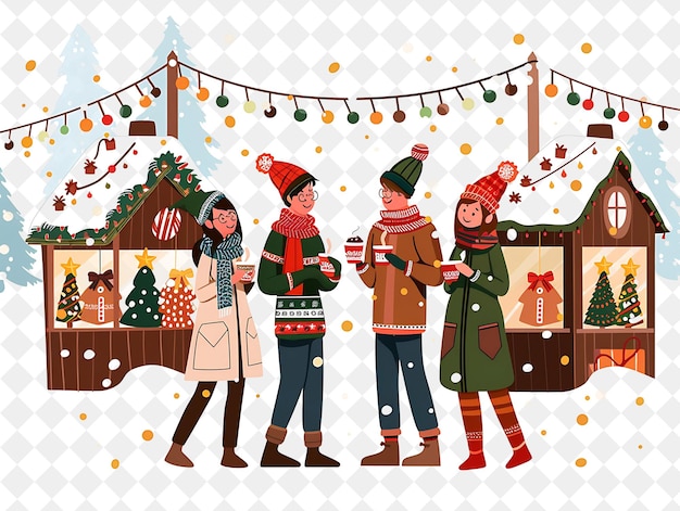 PSD group of friends attending a christmas market design is fest flat illustration festival of the world