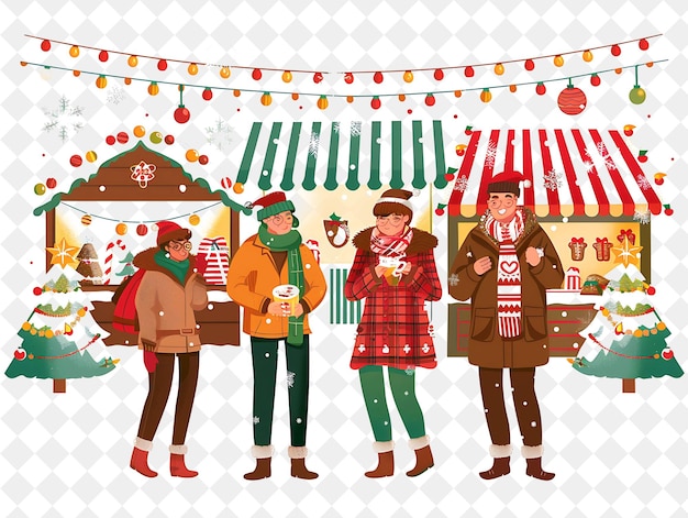 PSD group of friends attending a christmas market design is fest flat illustration festival of the world