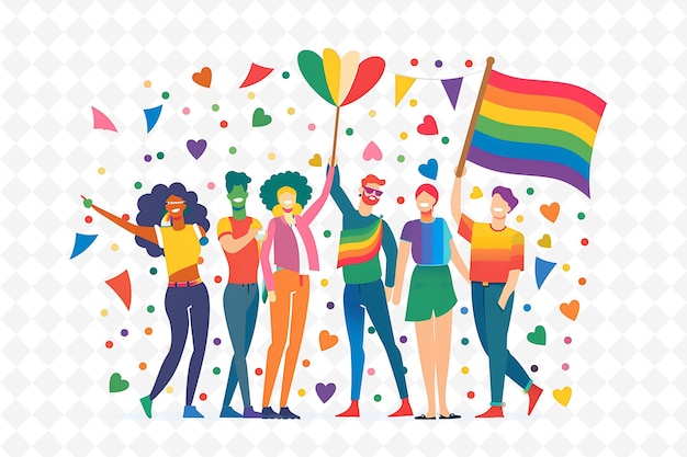 PSD group of friends attending a pride parade design is colorful flat illustration culture character