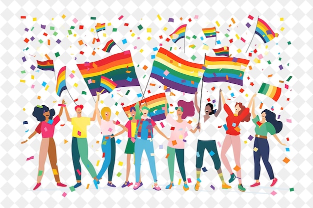 PSD group of friends attending a pride parade design is colorful flat illustration festival of the world