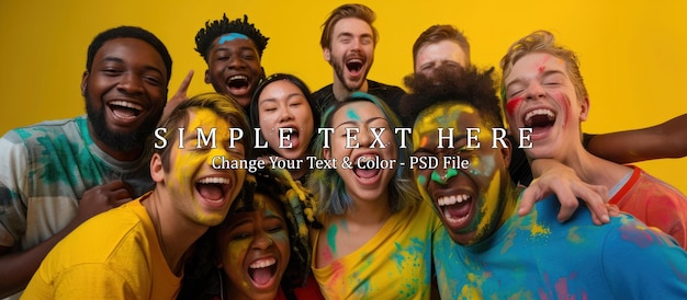 PSD group of friends covered in colorful paint laughing together