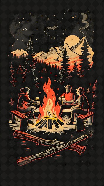 PSD group of friends enjoying beers at a campfire detailed view flat illustration beer culture design