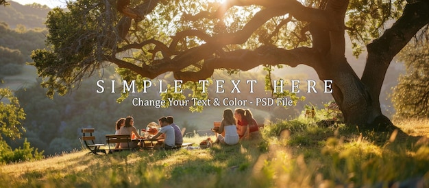 PSD group of friends enjoying a picnic under a large tree in the countryside