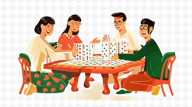 Group of Friends Playing Mahjong Design Is Lively and Compet Chinese Festival Illustration Theme