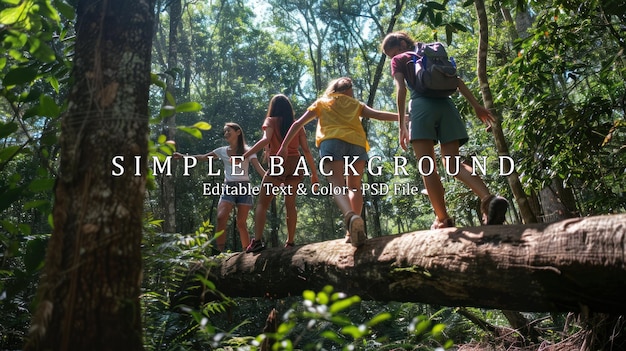 PSD group of friends on walk balancing on tree trunk in forest