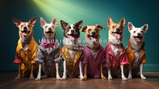 PSD group of funny dogs with human bodies on color background