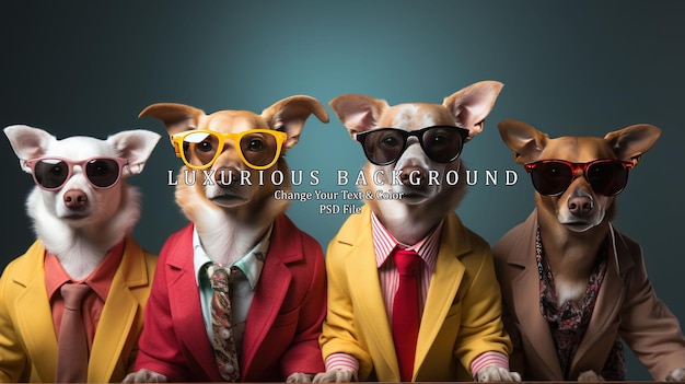 PSD group of funny dogs with human bodies on color background