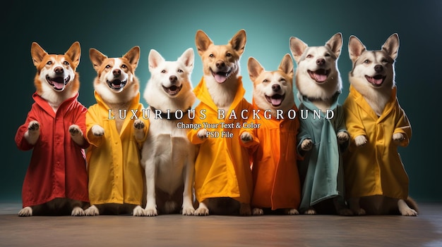 Group of funny dogs with human bodies on color background