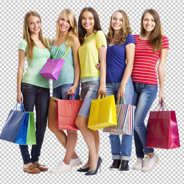 a group of girls with shopping bags on a transparent background