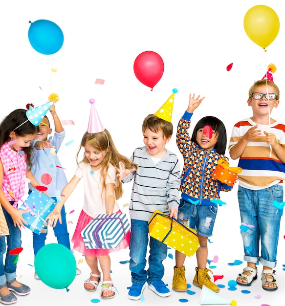 Group of happy diverse children and party concept