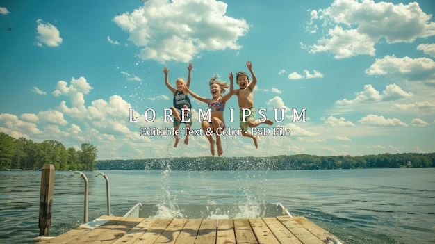 PSD group of kids jumping off the dock into the lake together during