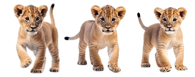 A group of lion cubs on a white background