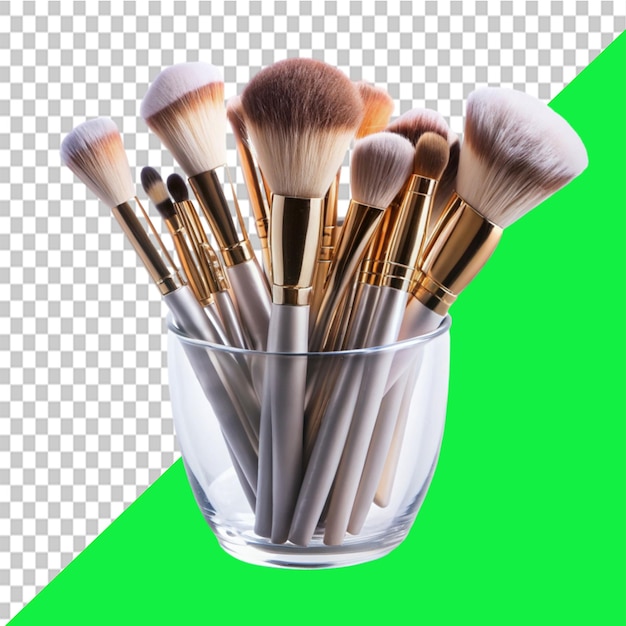 group of make up brushes in a vase on transparent background