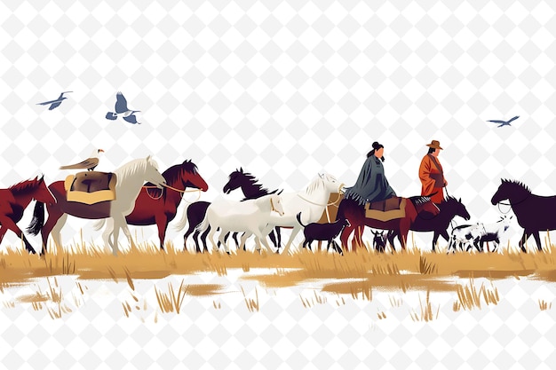 a group of men riding horses with birds flying in the background