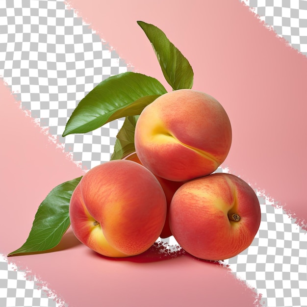 a group of peaches with leaves on a checkered background