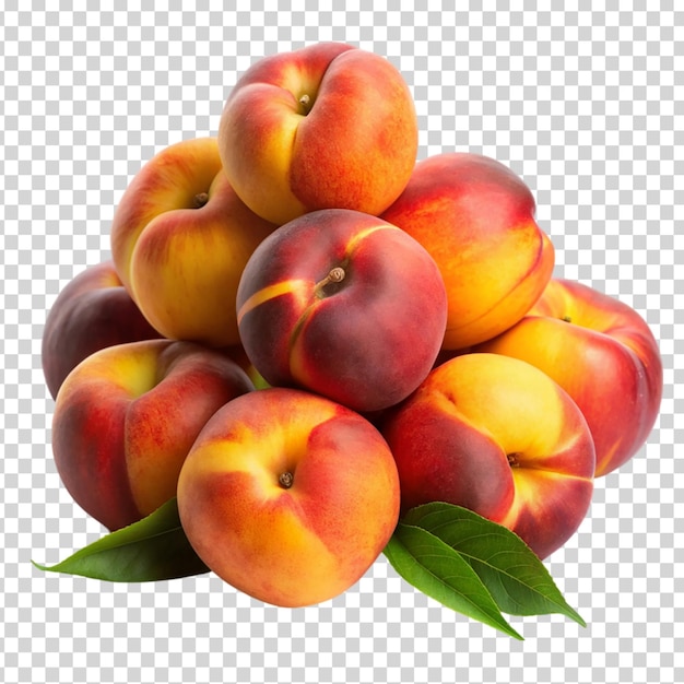 A group of peaches with leaves on transparent background