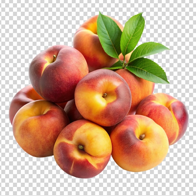 A group of peaches with leaves on transparent background