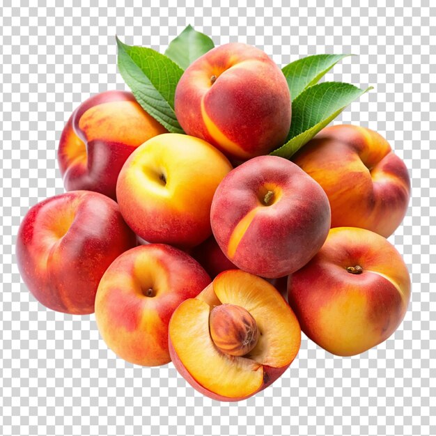 A group of peaches with leaves on transparent background