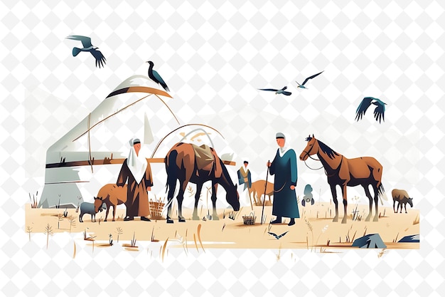 a group of people are standing around horses and a bird flying in the sky