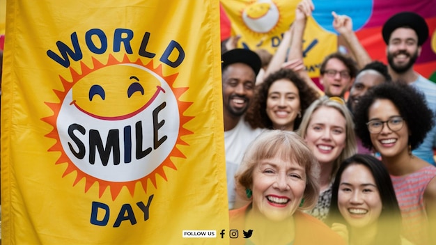 PSD a group of people are standing in front of a banner that says  world smile