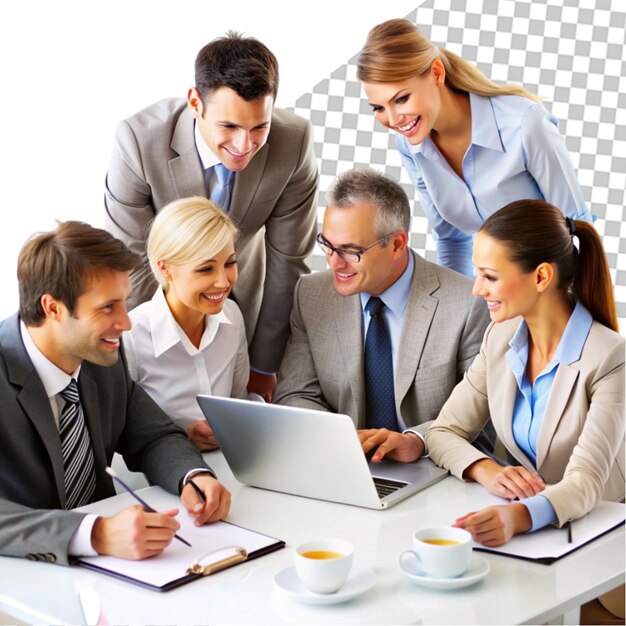 A group of people in business attire smiling and sitting around a laptop on transparent background