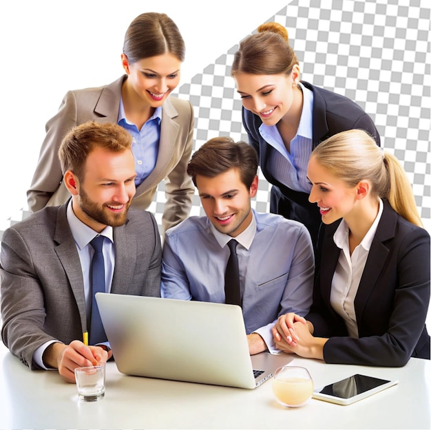 A group of people in business attire smiling and sitting around a laptop on transparent background