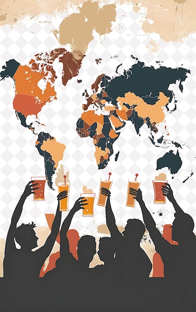 Group of People Cheering With Mugs of Beer a Large World Map Flat Illustration Beer Culture Design