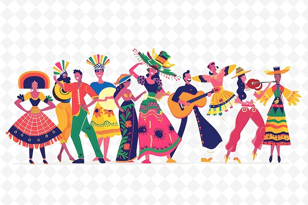 a group of people in colorful costumes are dancing in a white background