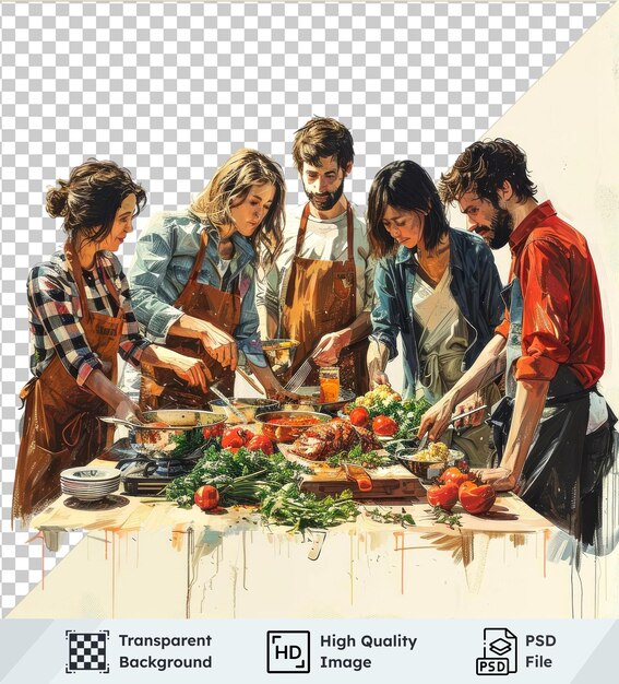 PSD group of people cooking at home man in red shirt woman with blond hair in highquality transparent