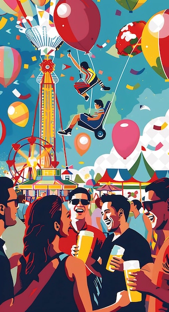 Group of People Enjoying Beers at a County Fair Detailed Vie Flat Illustration Beer Culture Design