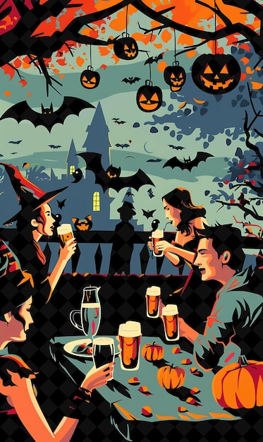 Group of People Enjoying Beers at a Halloween Party Detailed Flat Illustration Beer Culture Design