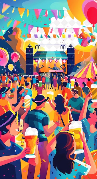 PSD group of people enjoying beers at a music festival detailed flat illustration beer culture design