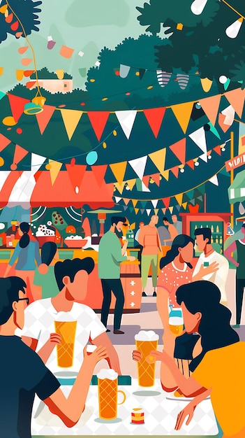 PSD group of people enjoying beers at a street festival detailed flat illustration beer culture design