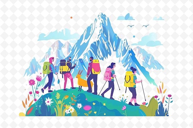 a group of people hiking in front of a mountain