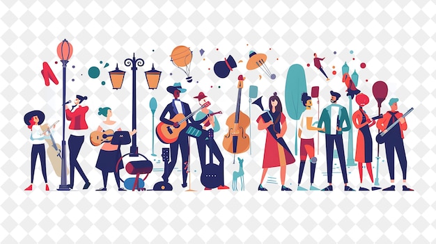 a group of people playing instruments and a man with a guitar and a woman in a hat