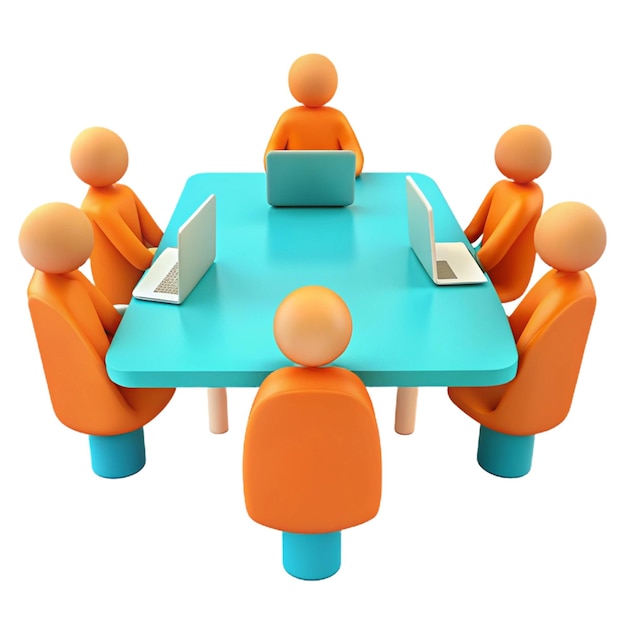 a group of people sitting around a table with laptops and one has a blue table cloth