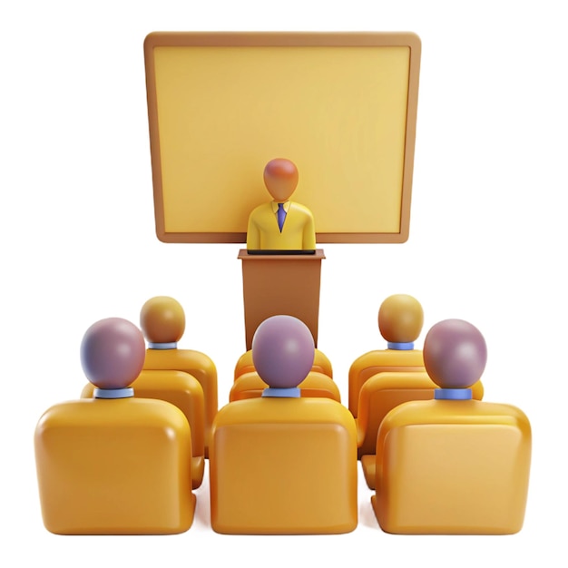 a group of people sitting in front of a podium with a man in a yellow shirt