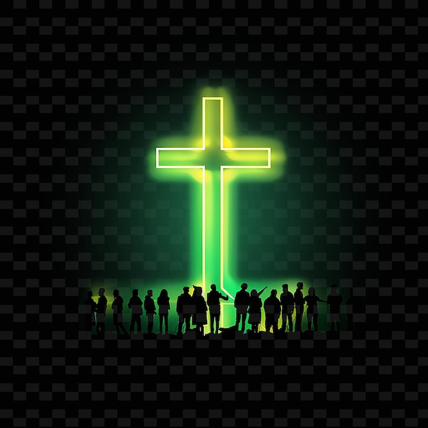 a group of people stand in front of a cross with a green neon sign that says quot crucifix quot