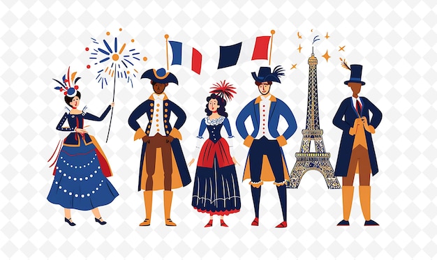 PSD group of people in traditional french attire for bastille da flat illustration culture character