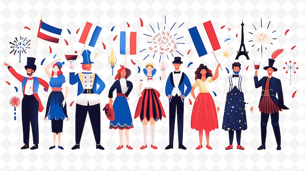 PSD group of people in traditional french attire for bastille da flat illustration culture character