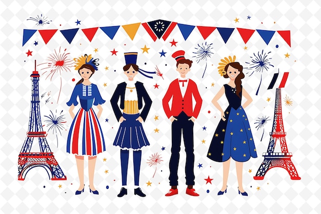 PSD group of people in traditional french attire for bastille da flat illustration culture character