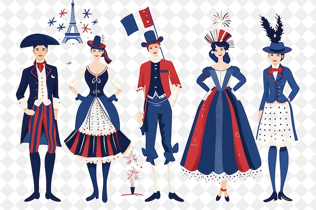 PSD group of people in traditional french attire for bastille da flat illustration festival of the world