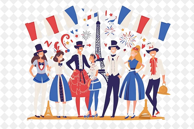 PSD group of people in traditional french attire for bastille da flat illustration festival of the world