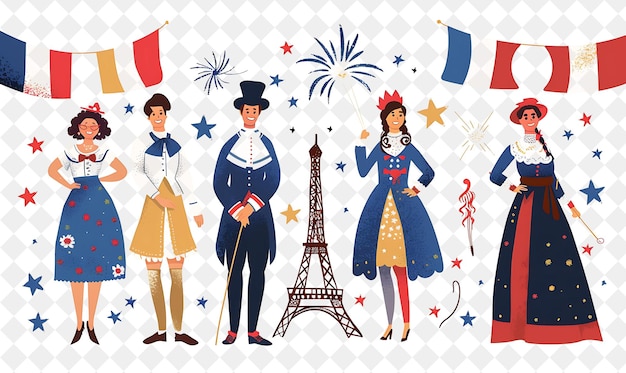 PSD group of people in traditional french attire for bastille da flat illustration festival of the world