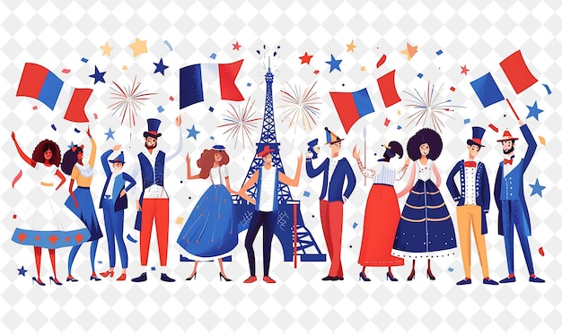 PSD group of people in traditional french attire for bastille da flat illustration festival of the world