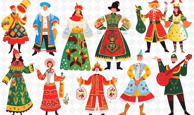 Group of People in Traditional Russian Attire for Maslenitsa Flat Illustration Culture Character