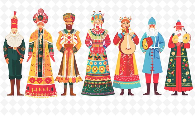 PSD group of people in traditional russian attire for maslenitsa flat illustration culture character