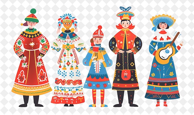 PSD group of people in traditional russian attire for maslenitsa flat illustration festival of the world