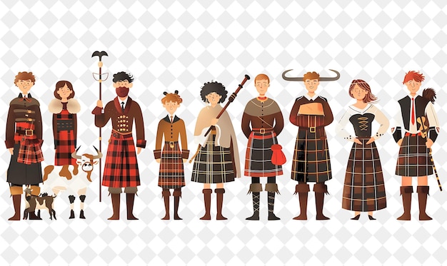 PSD group of people in traditional scottish attire for highland flat illustration festival of the world