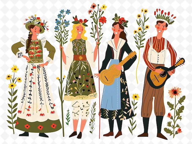 PSD group of people in traditional swedish attire for midsummer flat illustration culture character